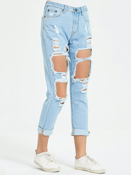 Buttoned Distressed Cropped Jeans