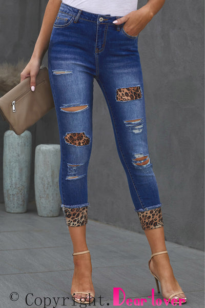 Leopard Patch Distressed Cropped Jeans